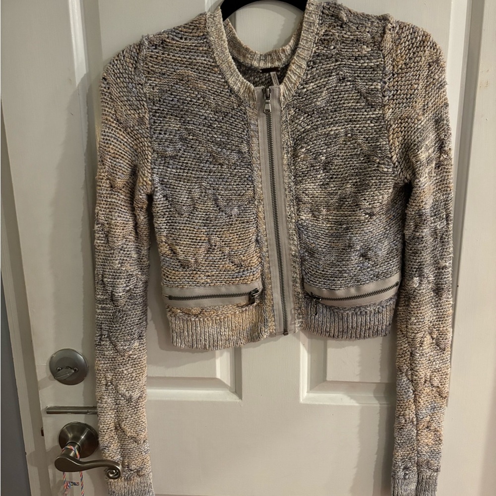 Free People Hearts Beep Zip Sweater Cardigan Women’s Raindrop Size XS - Picture 3 of 8